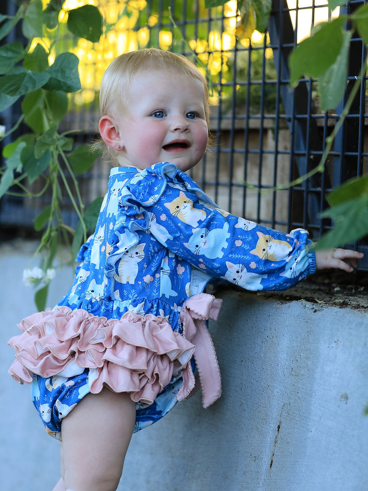 Fall Cat Print Baby Romper