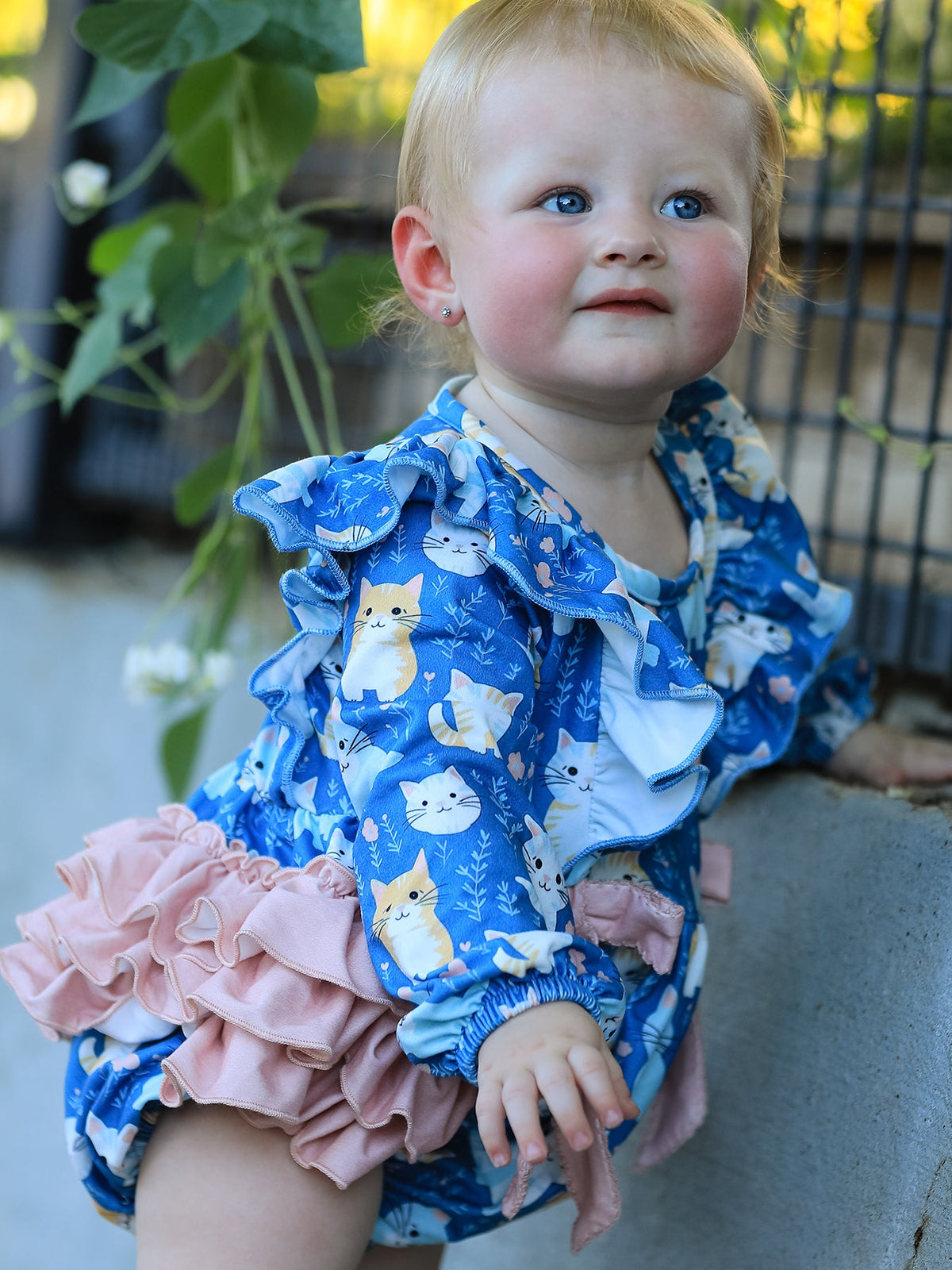 Fall Cat Print Baby Romper