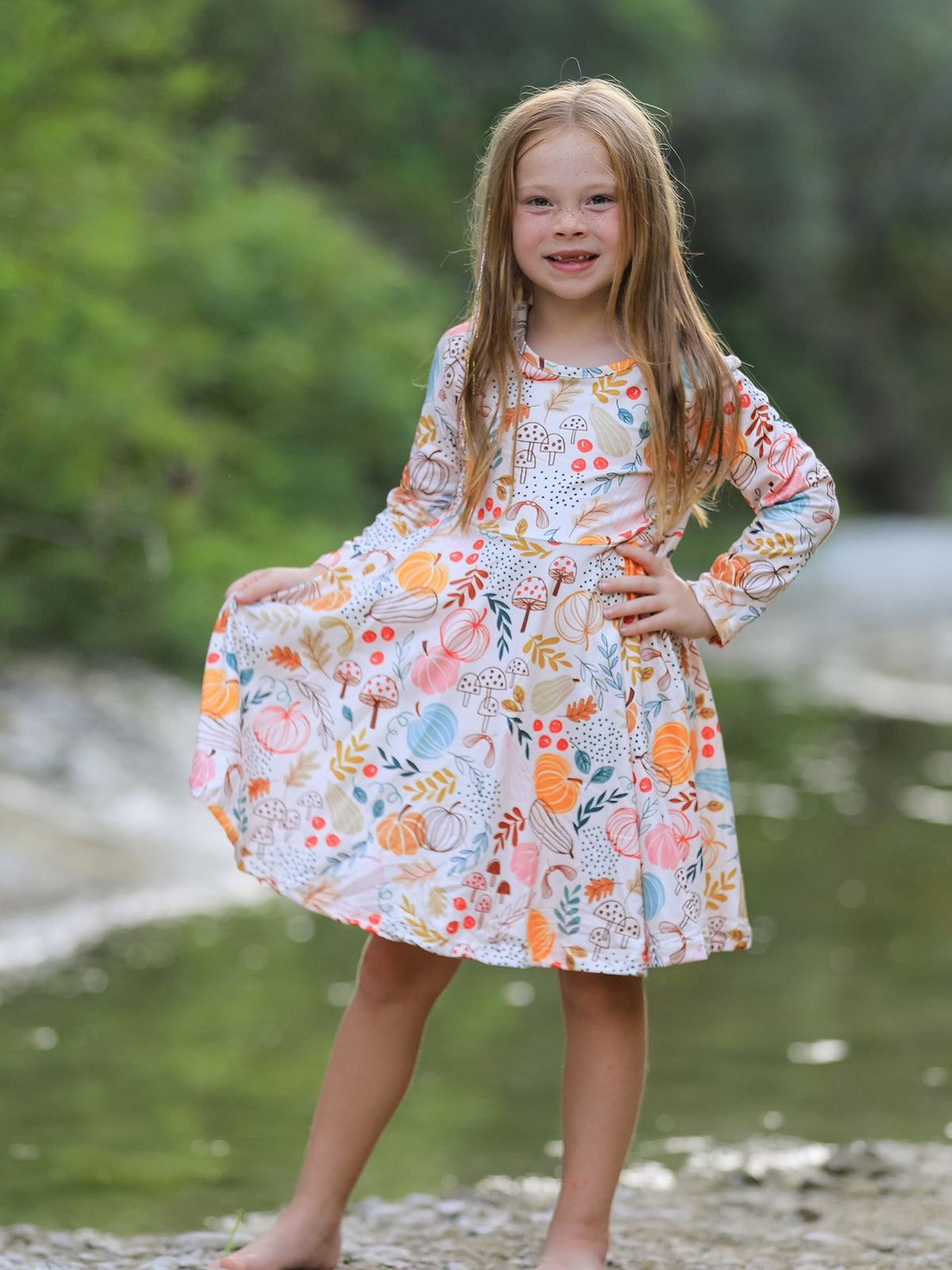 Girls Fall Pumpkin & Leaf Print Twirl Dress