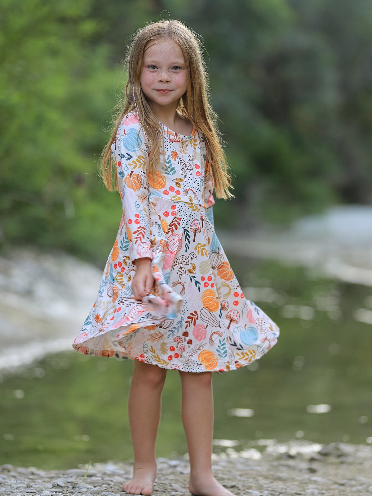 Girls Fall Pumpkin & Leaf Print Twirl Dress