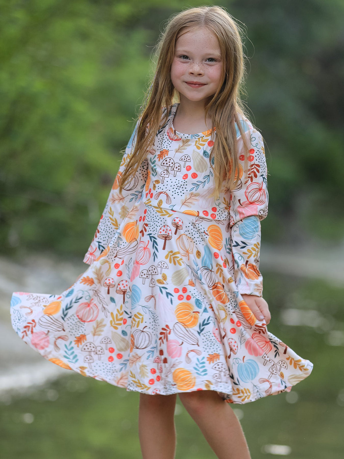 Girls Fall Pumpkin & Leaf Print Twirl Dress