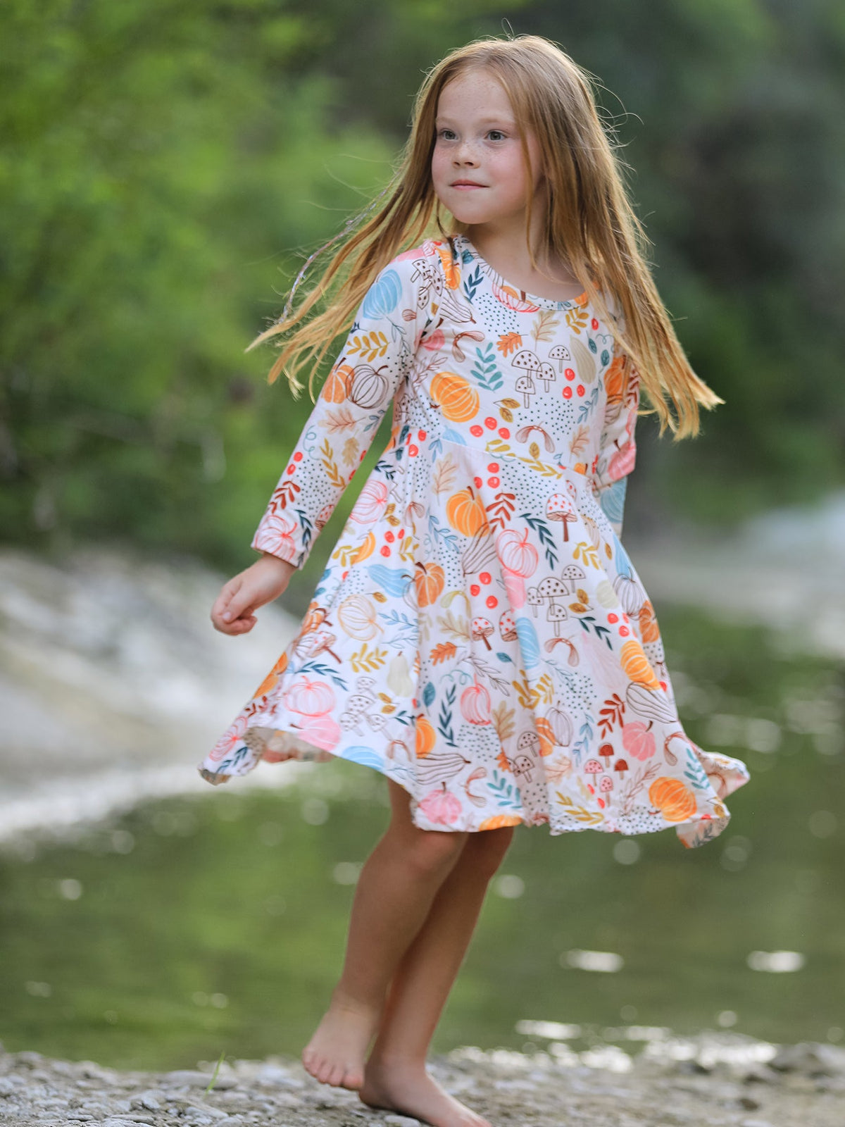 Girls Fall Pumpkin & Leaf Print Twirl Dress