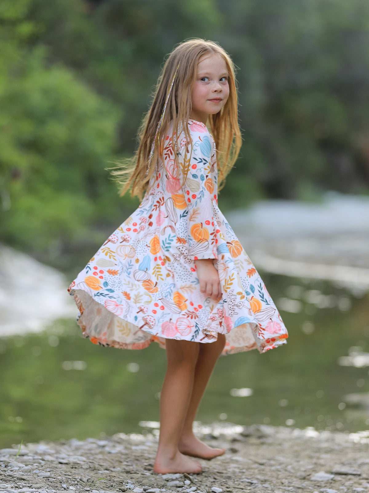 Girls Fall Pumpkin & Leaf Print Twirl Dress