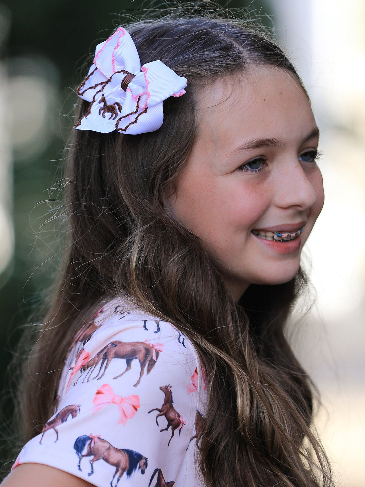 Girls Western Horse Embroidered Ruffle Hair Bow