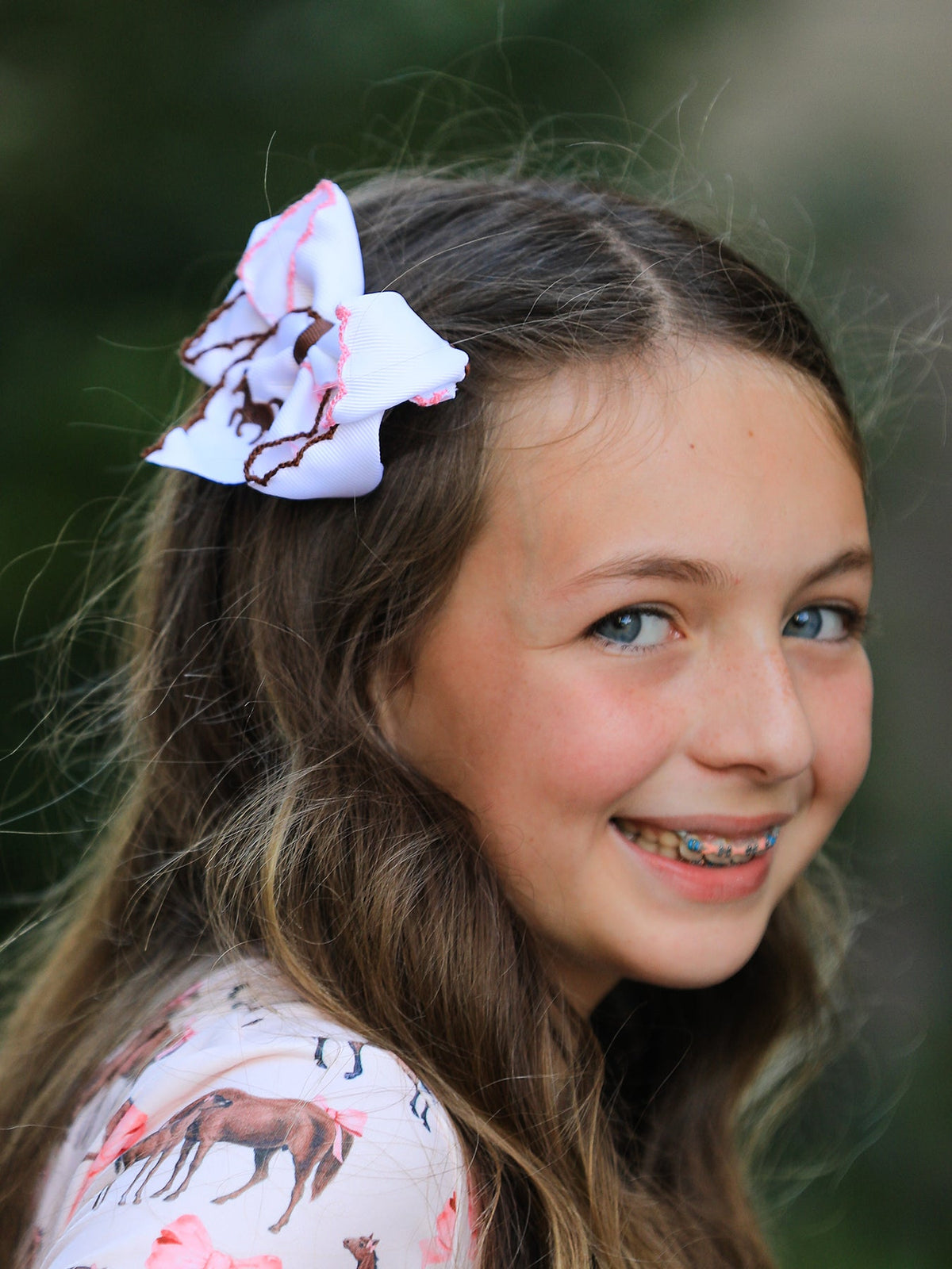 Girls Western Horse Embroidered Ruffle Hair Bow
