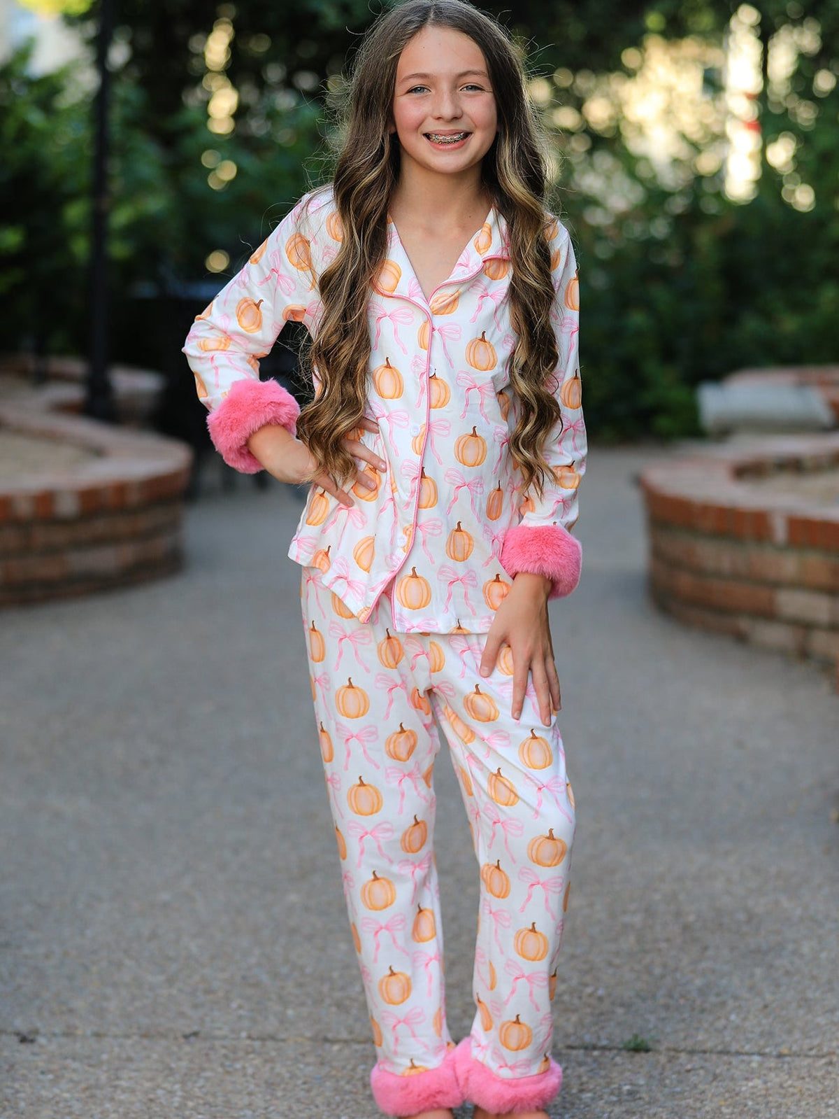 Girls Halloween Pumpkin Bow Pajama Set