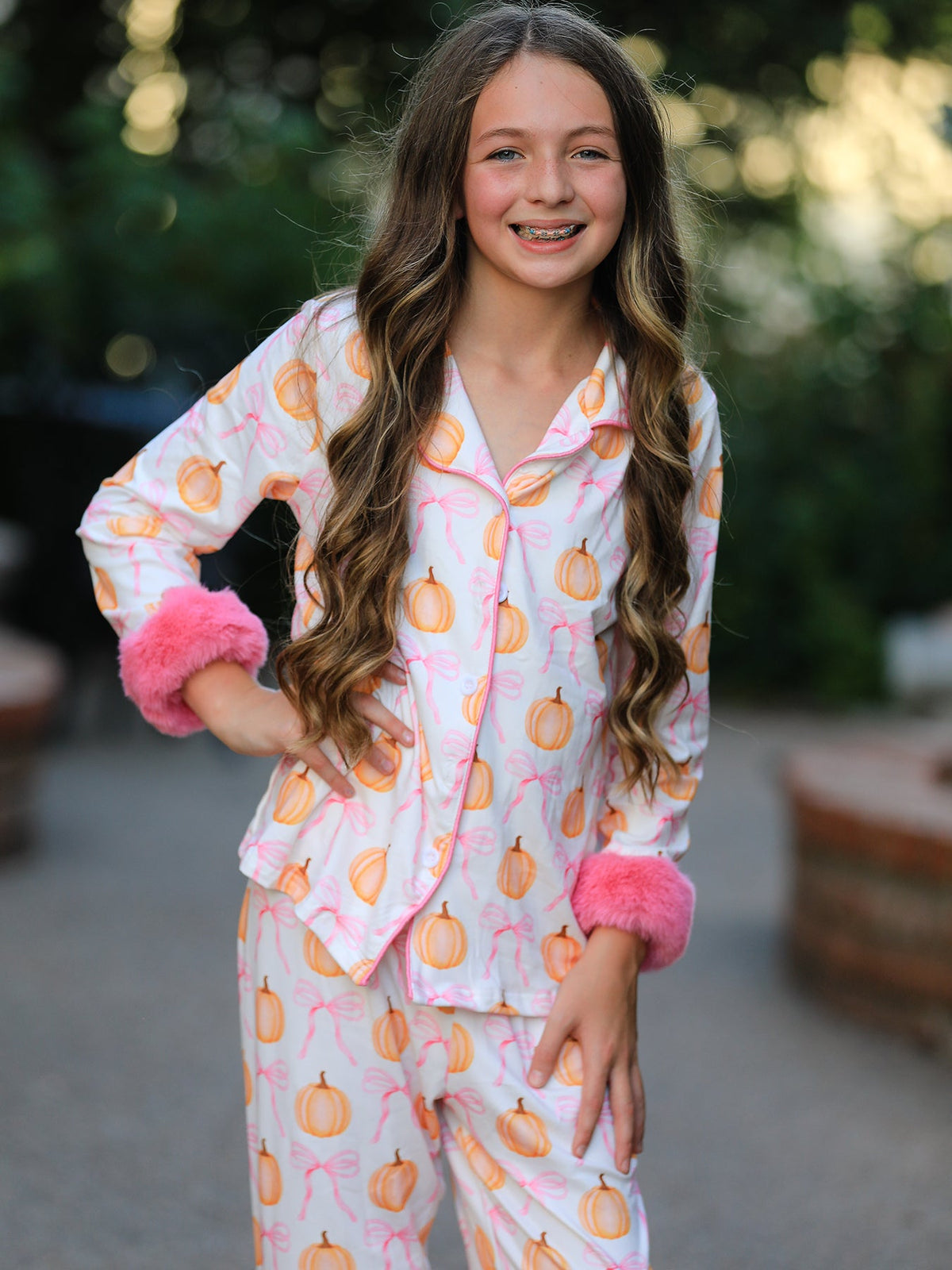 Girls Halloween Pumpkin Bow Pajama Set