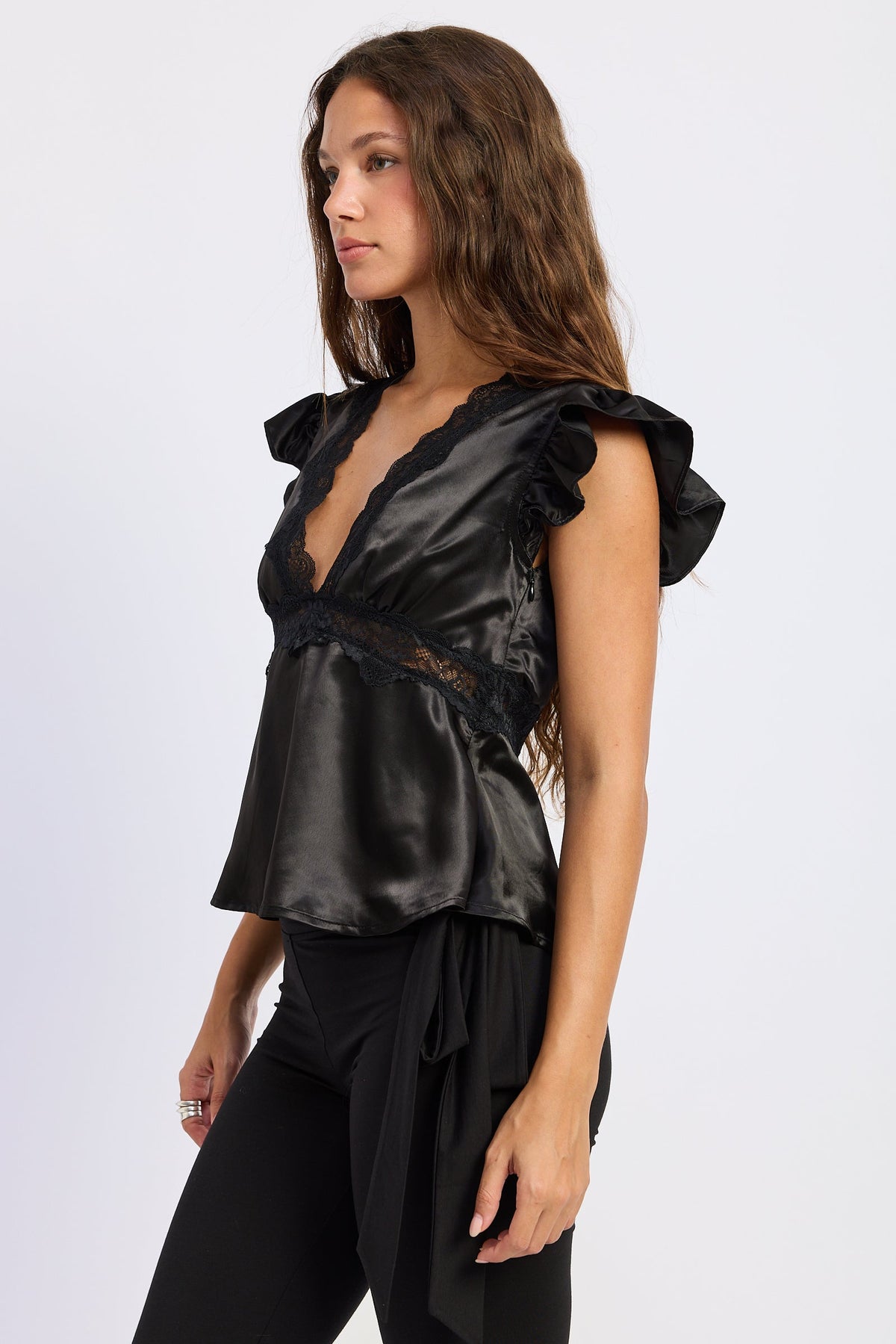 Aliza Satin Lace-Trim Top