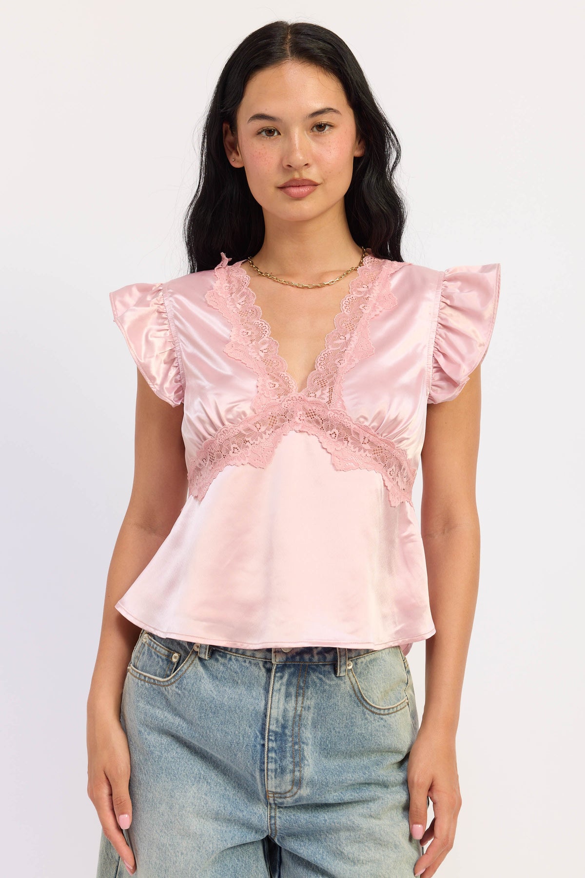 Aliza Satin Lace-Trim Top