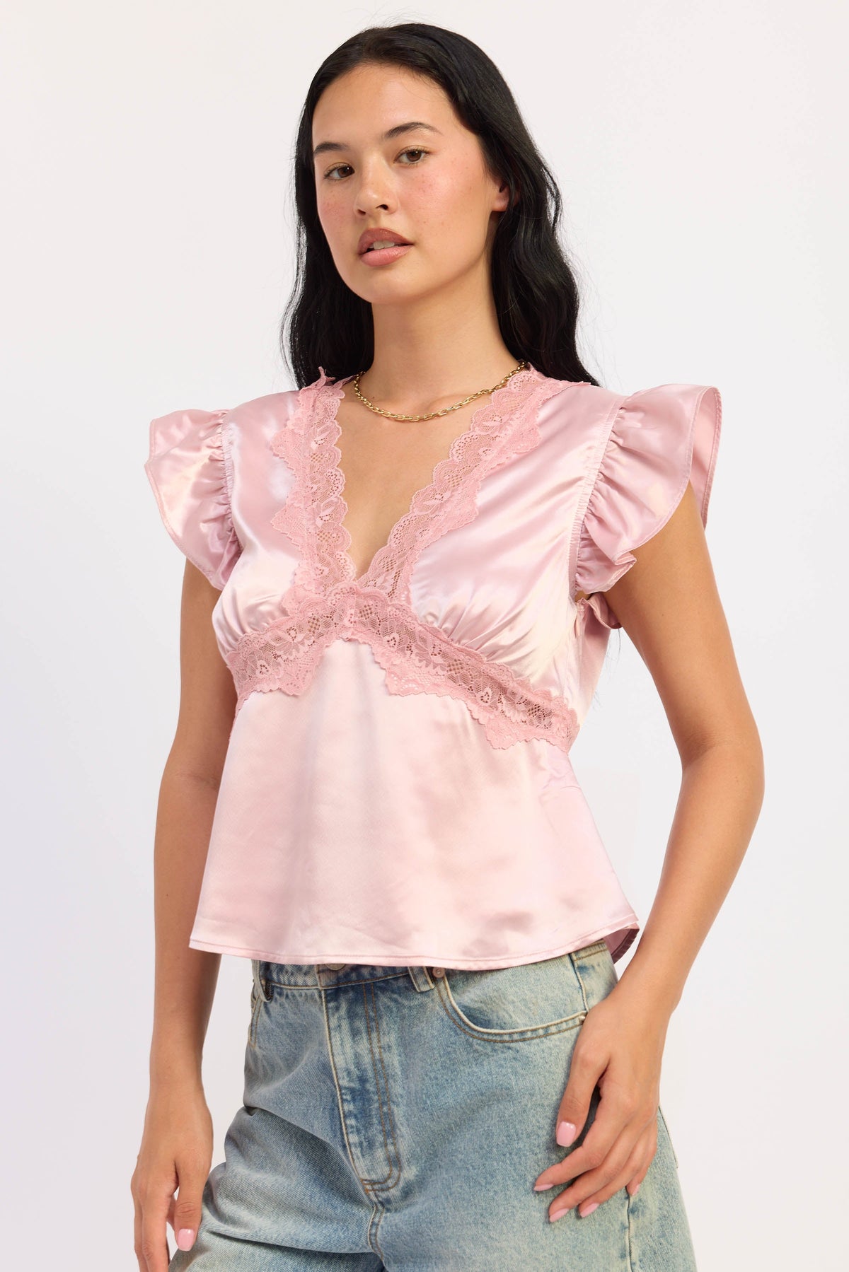 Aliza Satin Lace-Trim Top