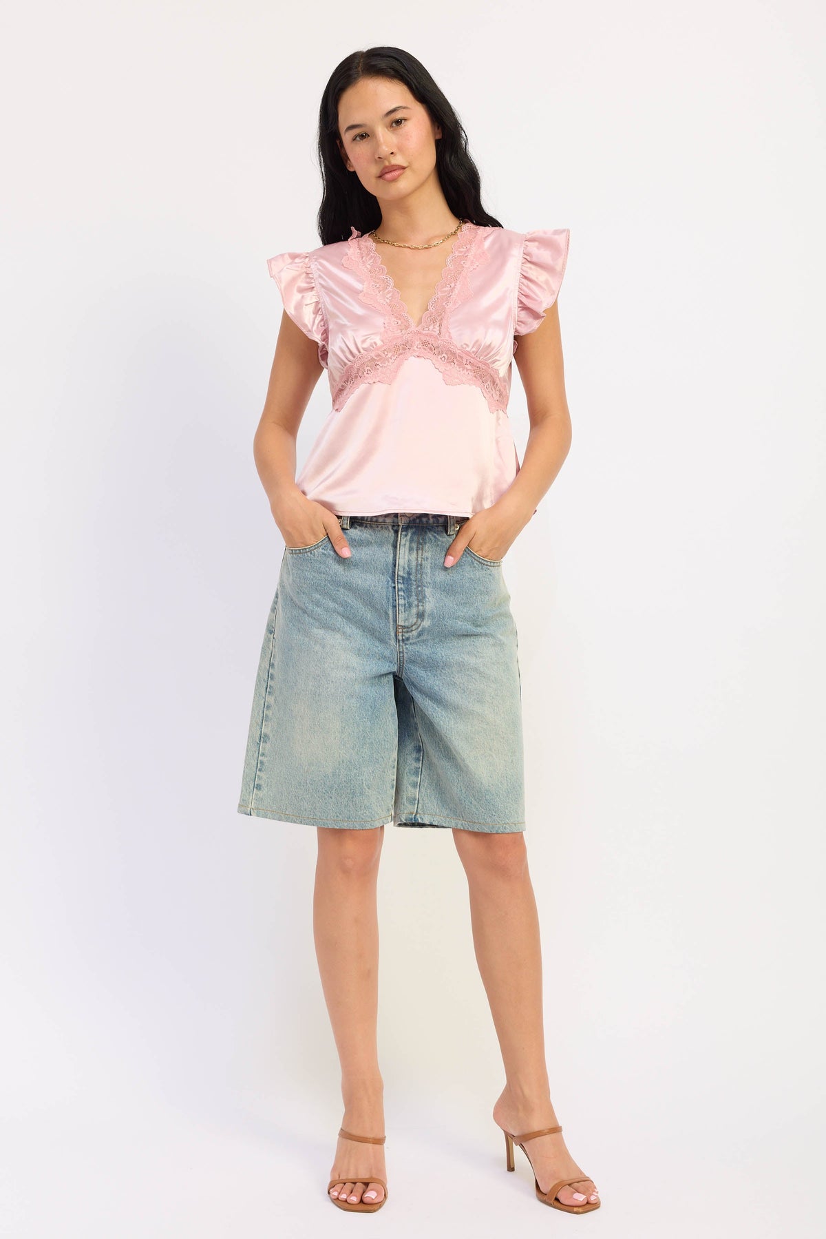 Aliza Satin Lace-Trim Top