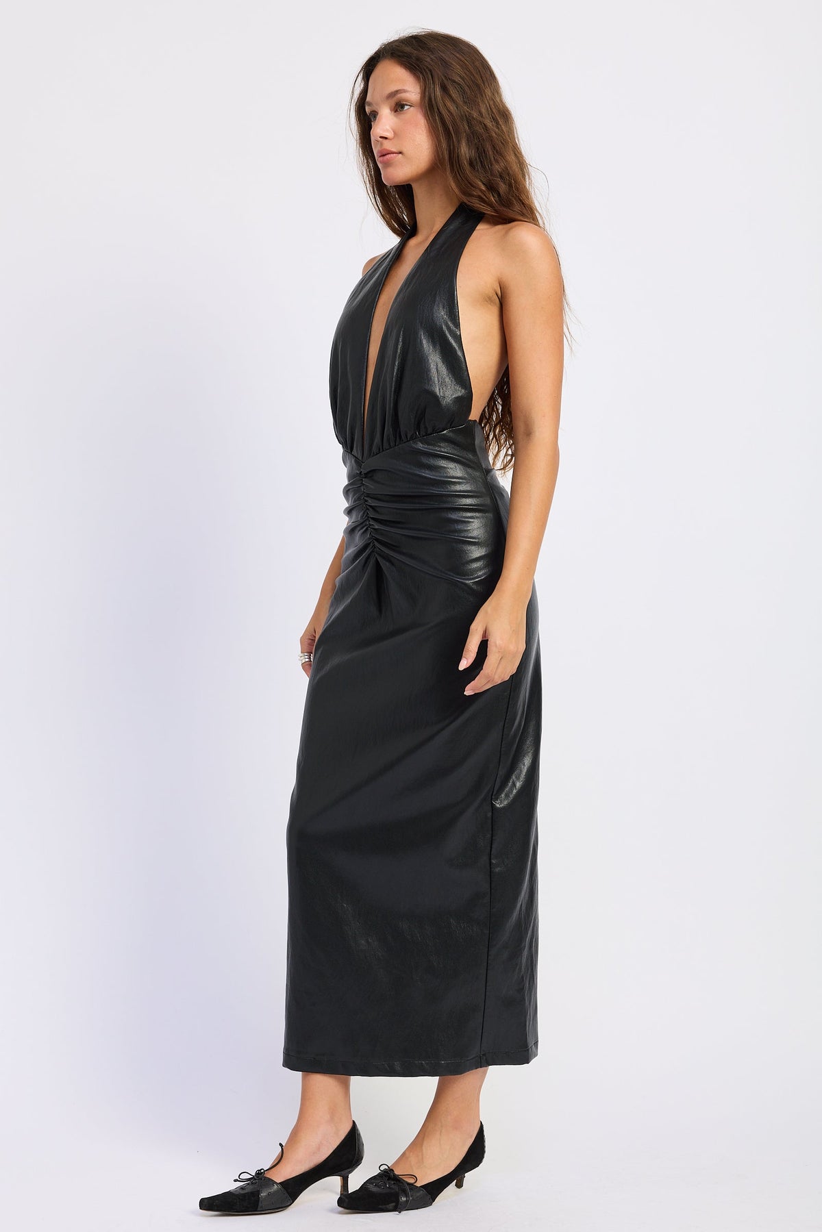 Nora Faux Leather Halter Midi Dress