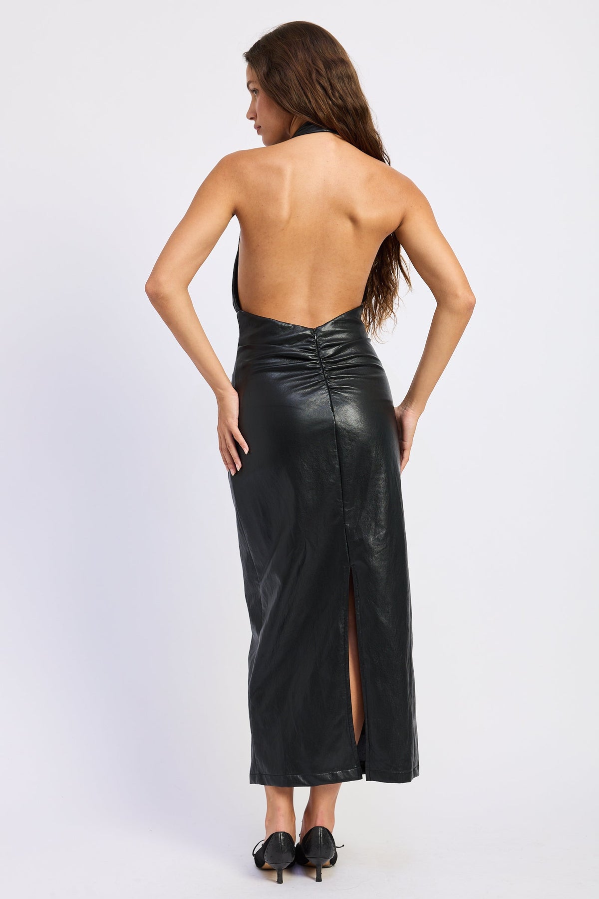 Nora Faux Leather Halter Midi Dress