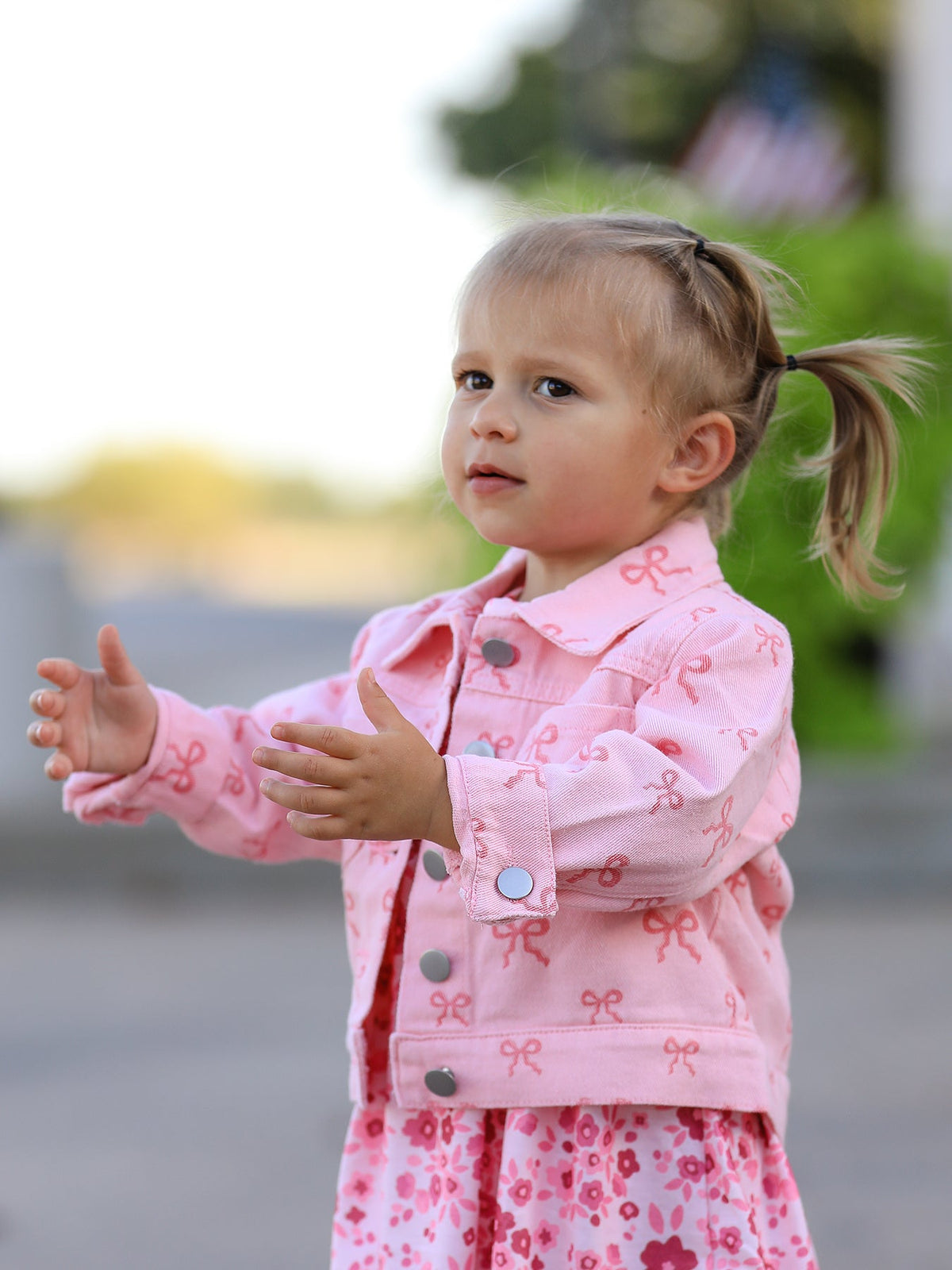 Pink Bow Print Denim Jacket for Girls
