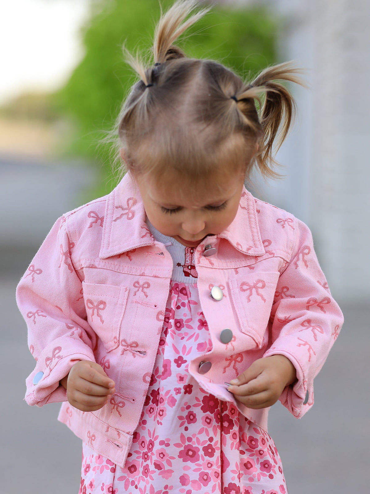 Pink Bow Print Denim Jacket for Girls