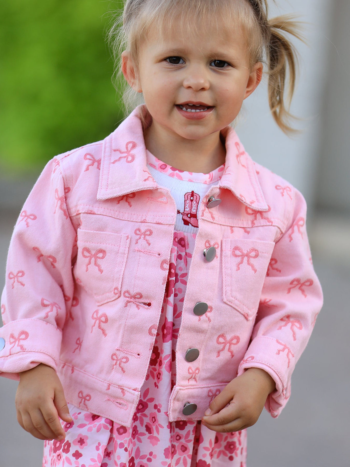 Pink Bow Print Denim Jacket for Girls