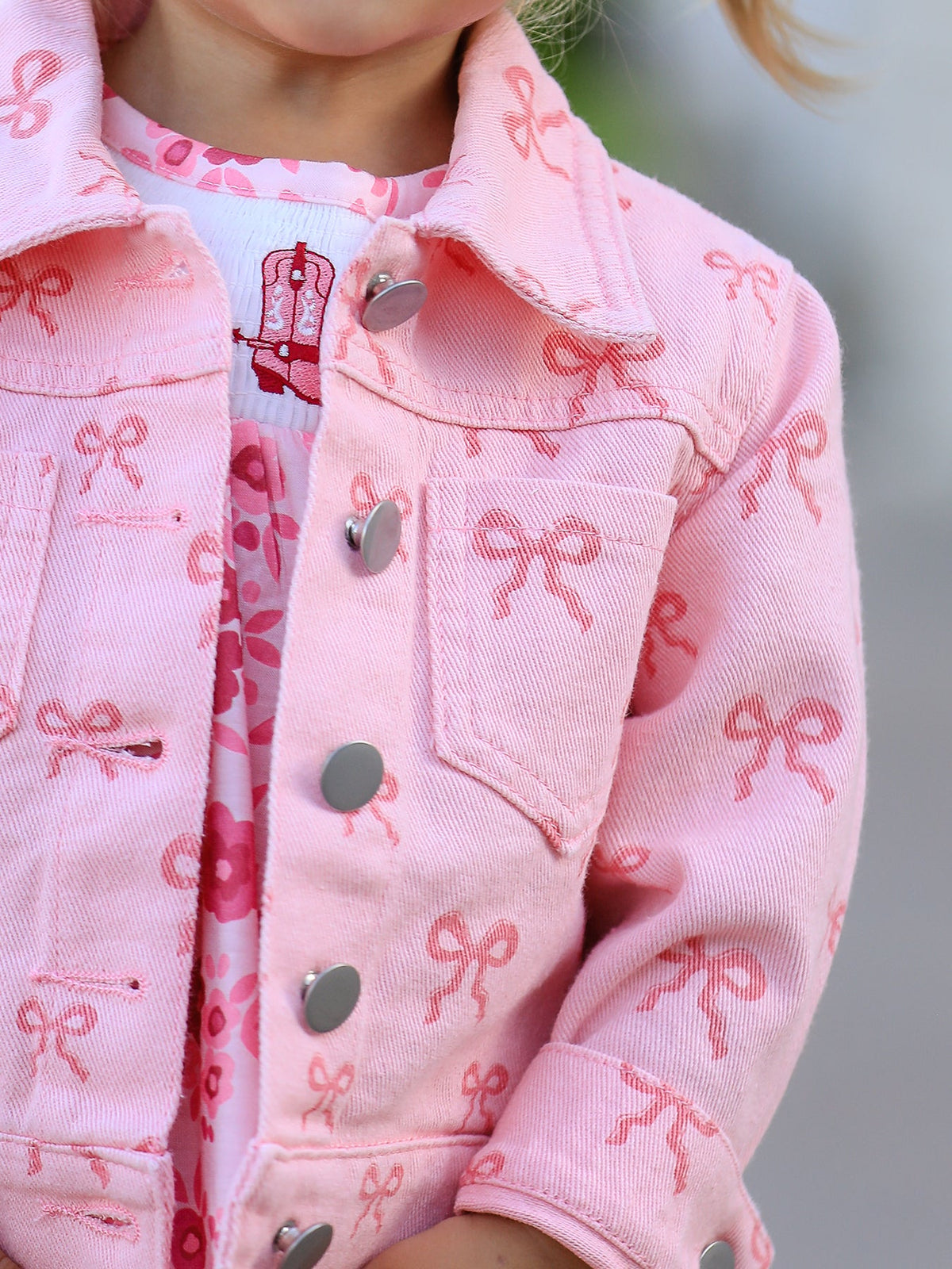 Pink Bow Print Denim Jacket for Girls