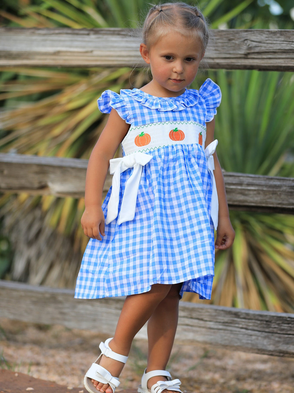 Girls Blue Pumpkin Smocked Fall Dress