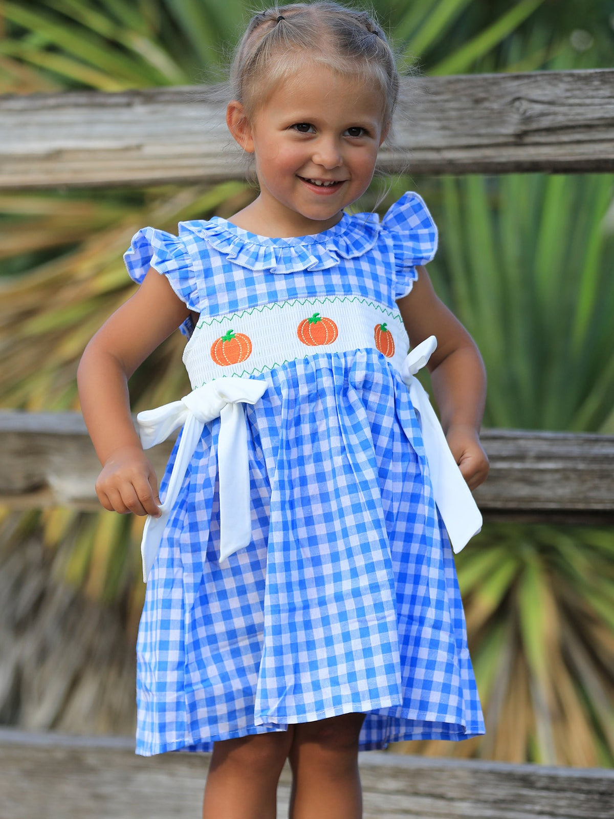 Girls Blue Pumpkin Smocked Fall Dress