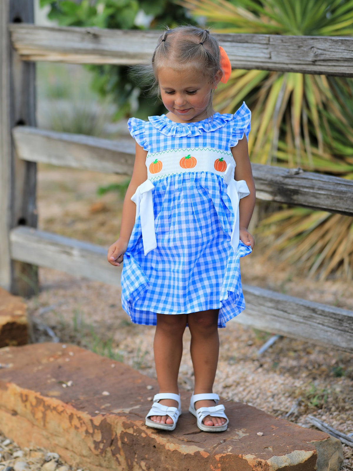 Girls Blue Pumpkin Smocked Fall Dress