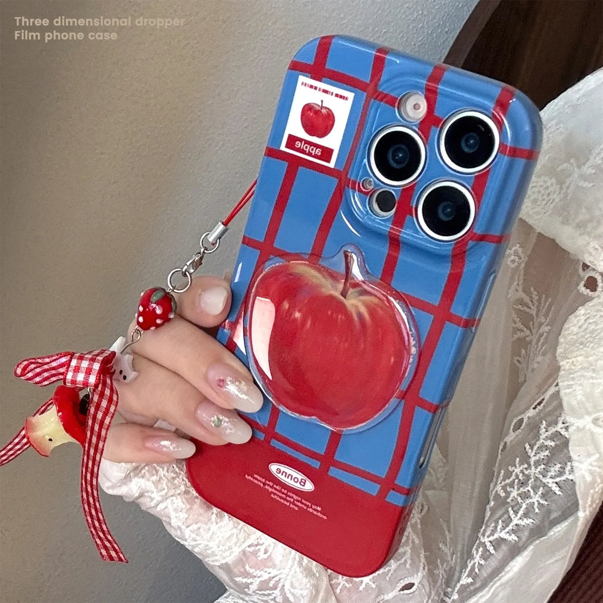3D Red Apple Lattice iPhone Case with Chain