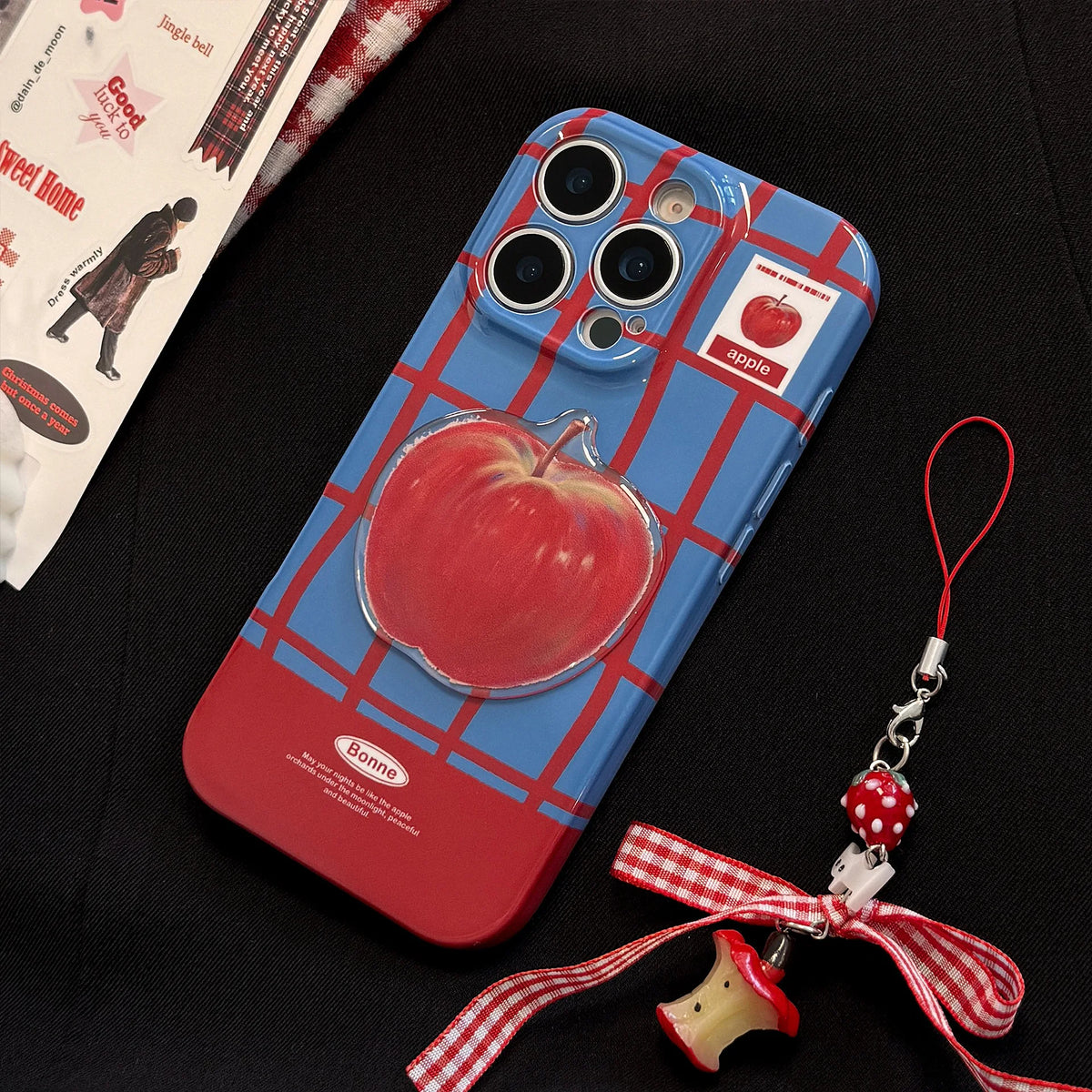 3D Red Apple Lattice iPhone Case with Chain