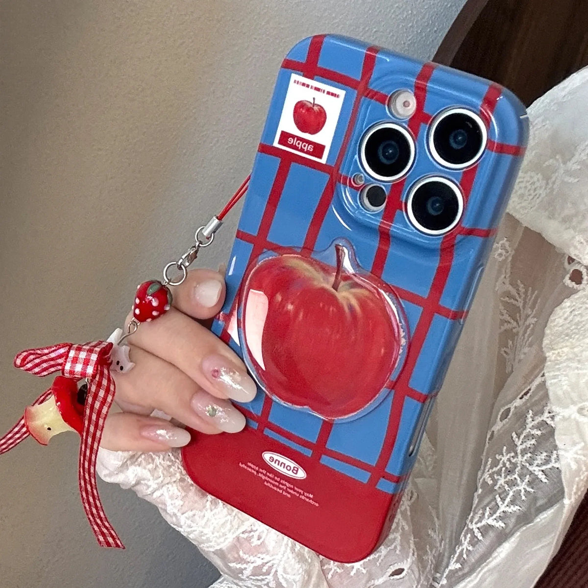 3D Red Apple Lattice iPhone Case with Chain