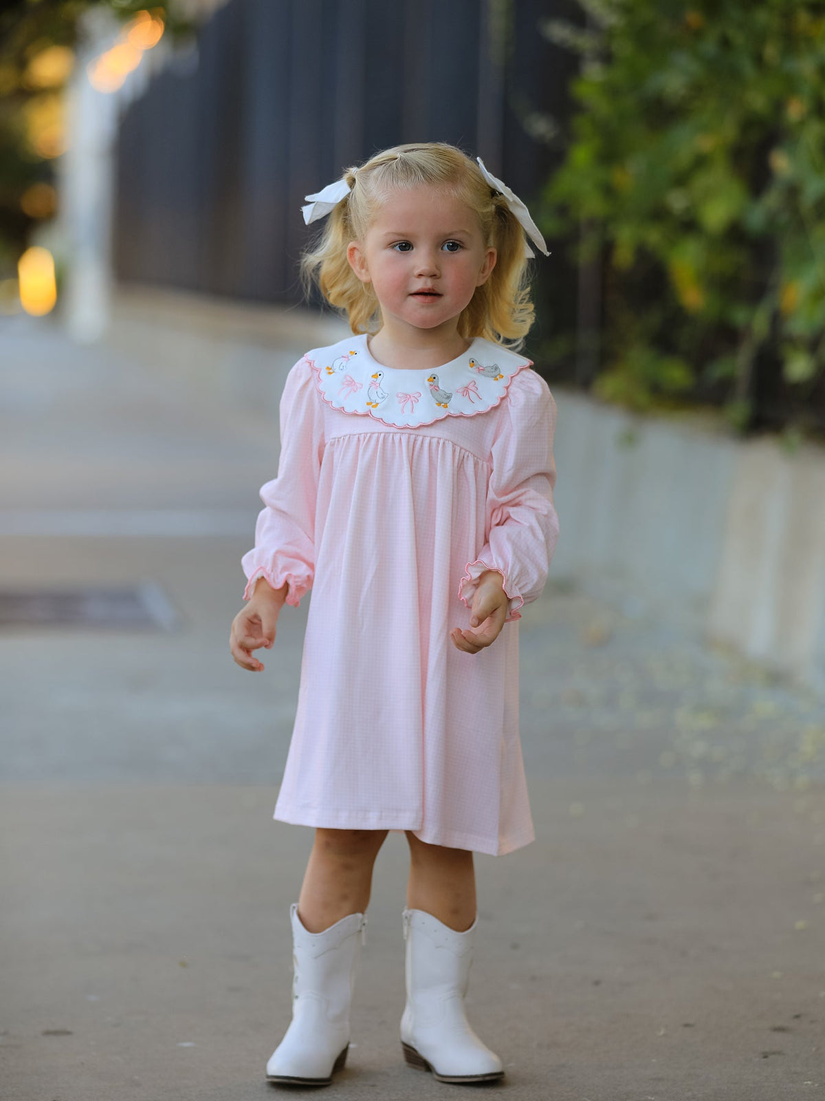 Girls Pink Goose Embroidered Peter Pan Collar Dress