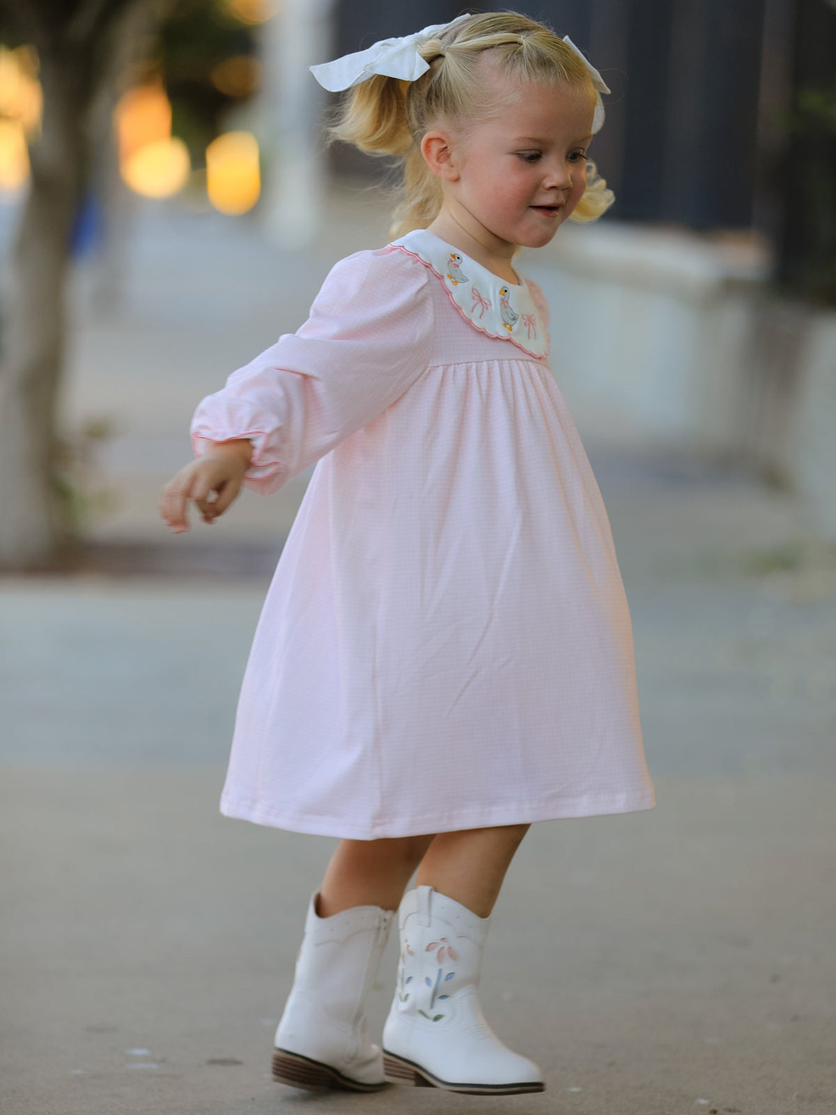 Girls Pink Goose Embroidered Peter Pan Collar Dress