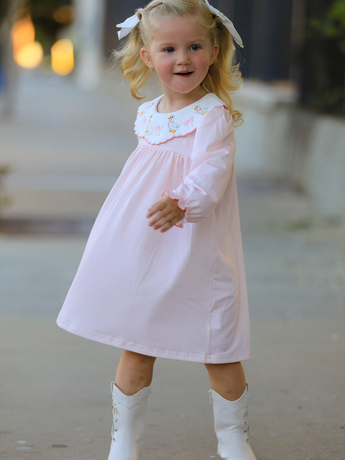 Girls Pink Goose Embroidered Peter Pan Collar Dress