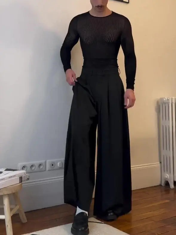 Men’s Black Sheer Mesh Long Sleeve Top