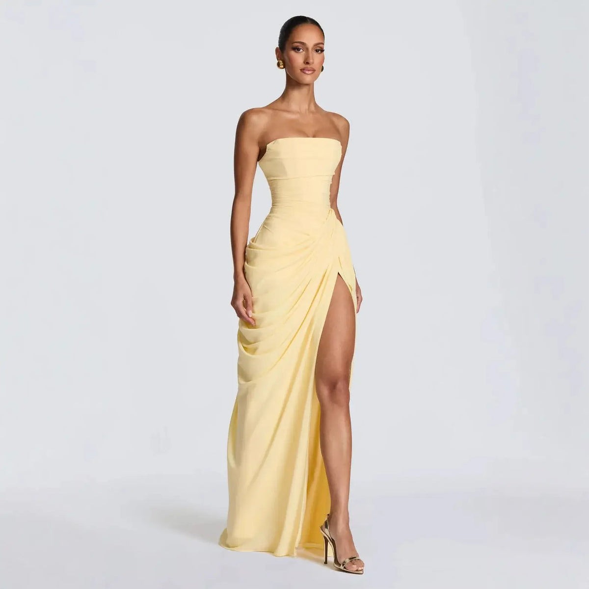 Women’s Strapless Ruched Slit Evening Gown
