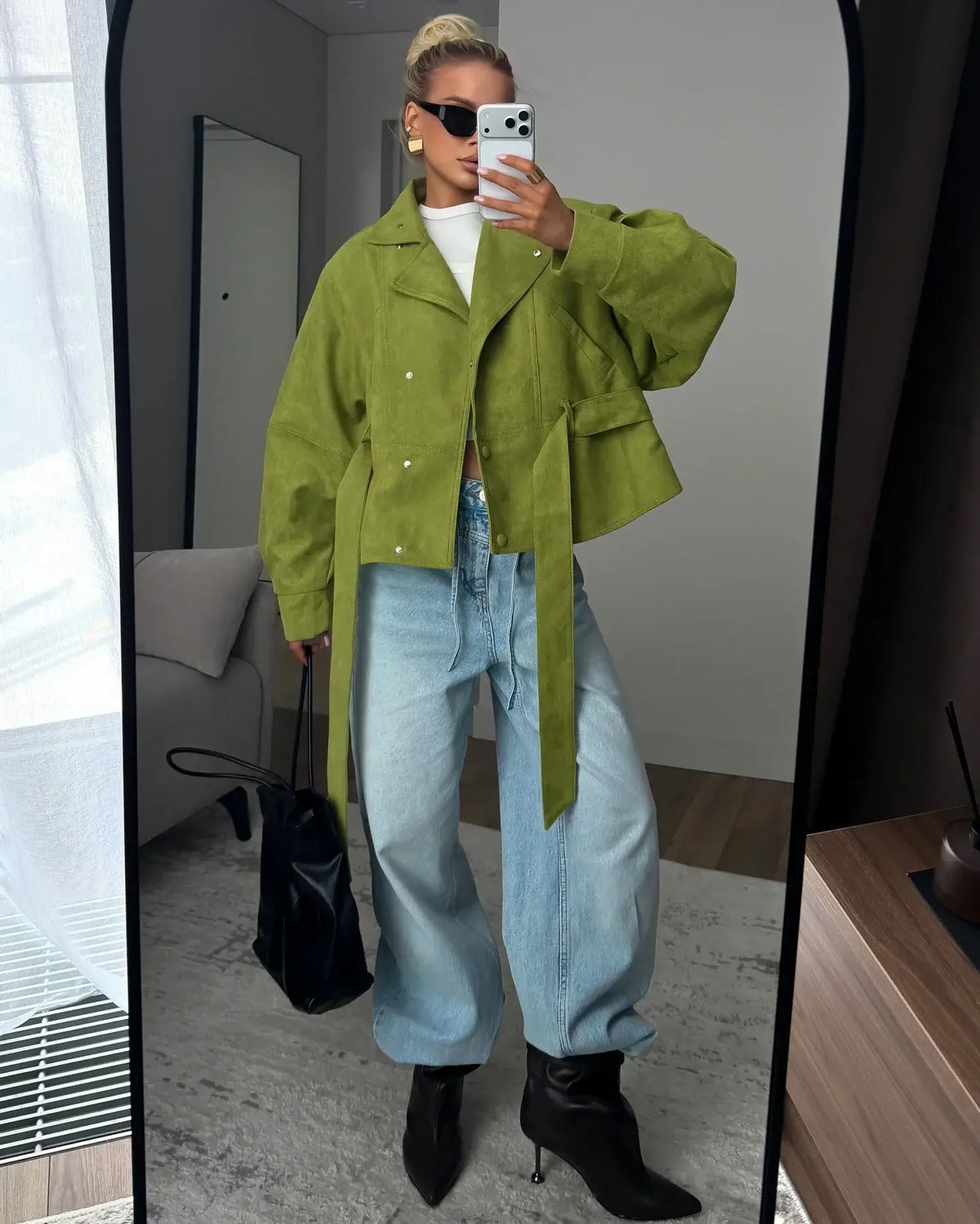 Women’s Faux Suede Belted Stand Collar Jacket