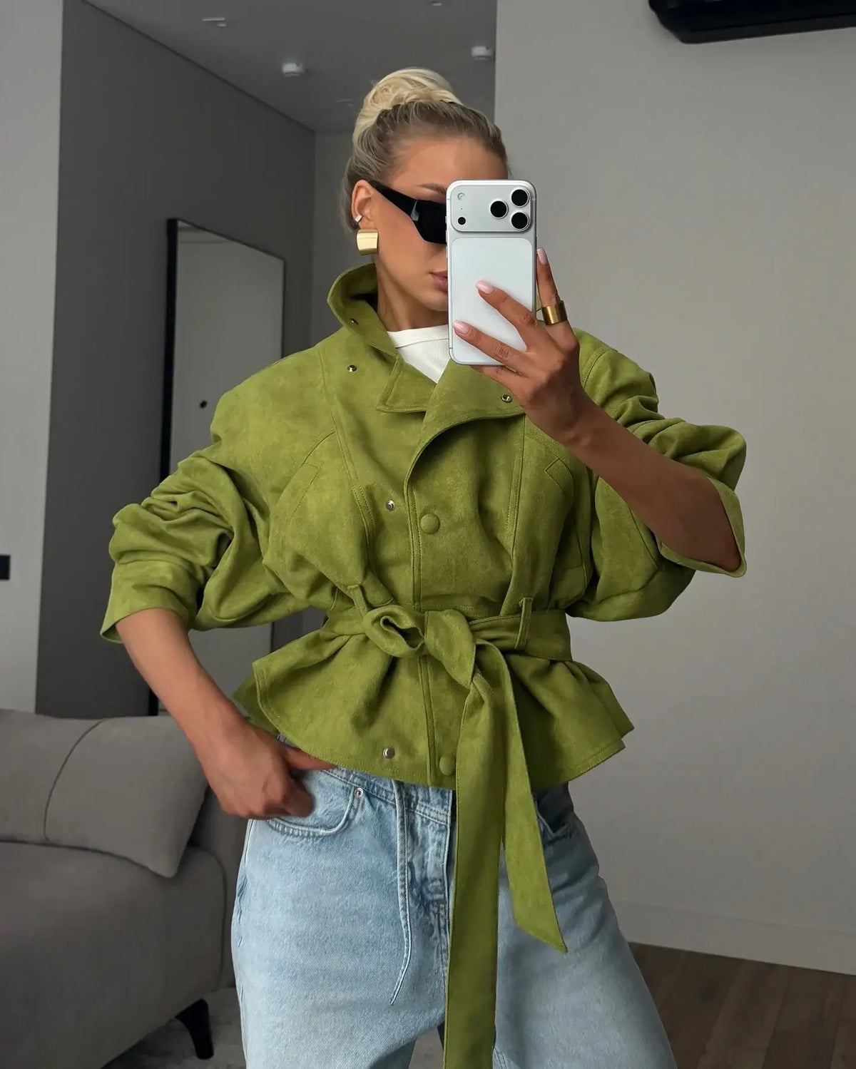 Women’s Faux Suede Belted Stand Collar Jacket