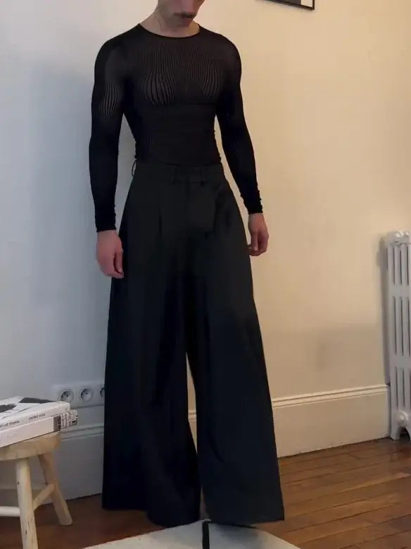 Men’s Black Sheer Mesh Long Sleeve Top