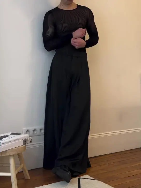 Men’s Black Sheer Mesh Long Sleeve Top