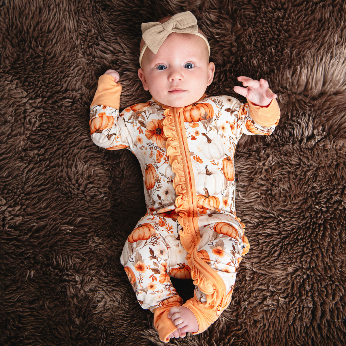 Baby Pumpkin Harvest Bamboo Ruffle Zippy Romper