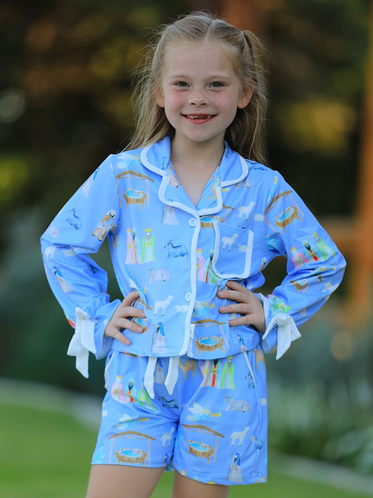 Girls Blue Christmas Nativity Pajama Set