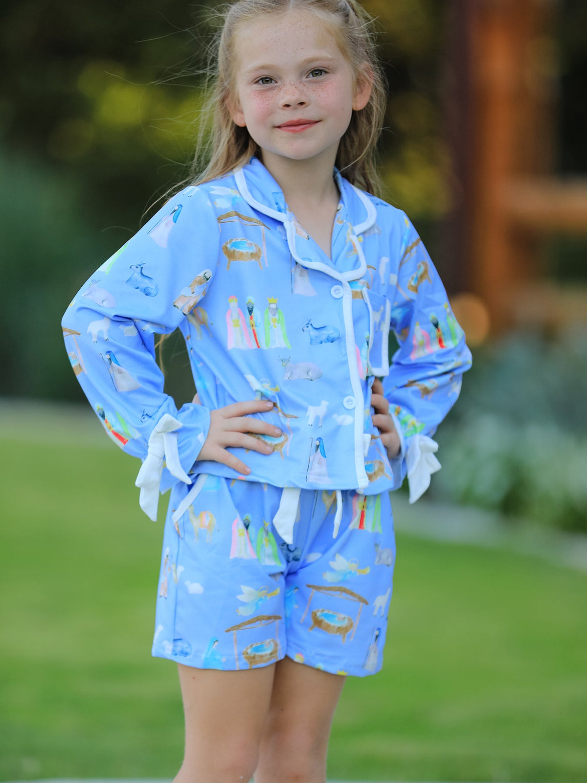 Girls Blue Christmas Nativity Pajama Set