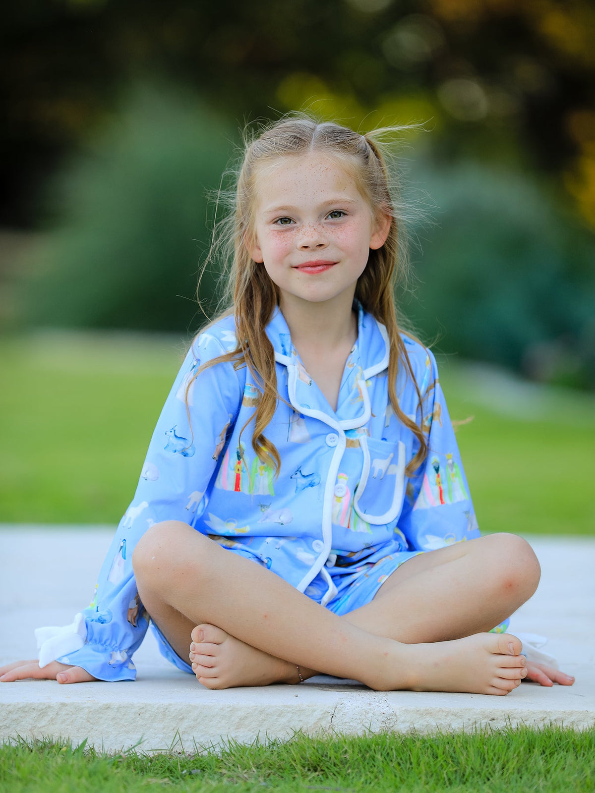 Girls Blue Christmas Nativity Pajama Set