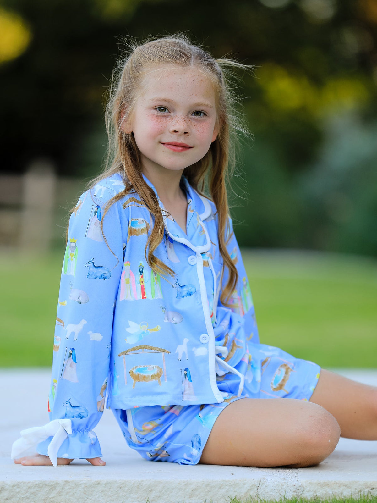Girls Blue Christmas Nativity Pajama Set