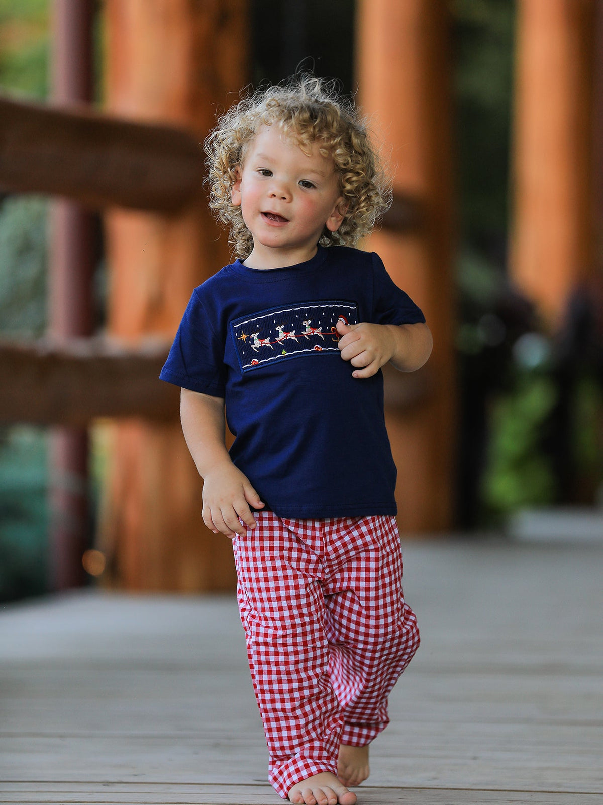 Boys Christmas Santa Sleigh Top & Plaid Pants Set