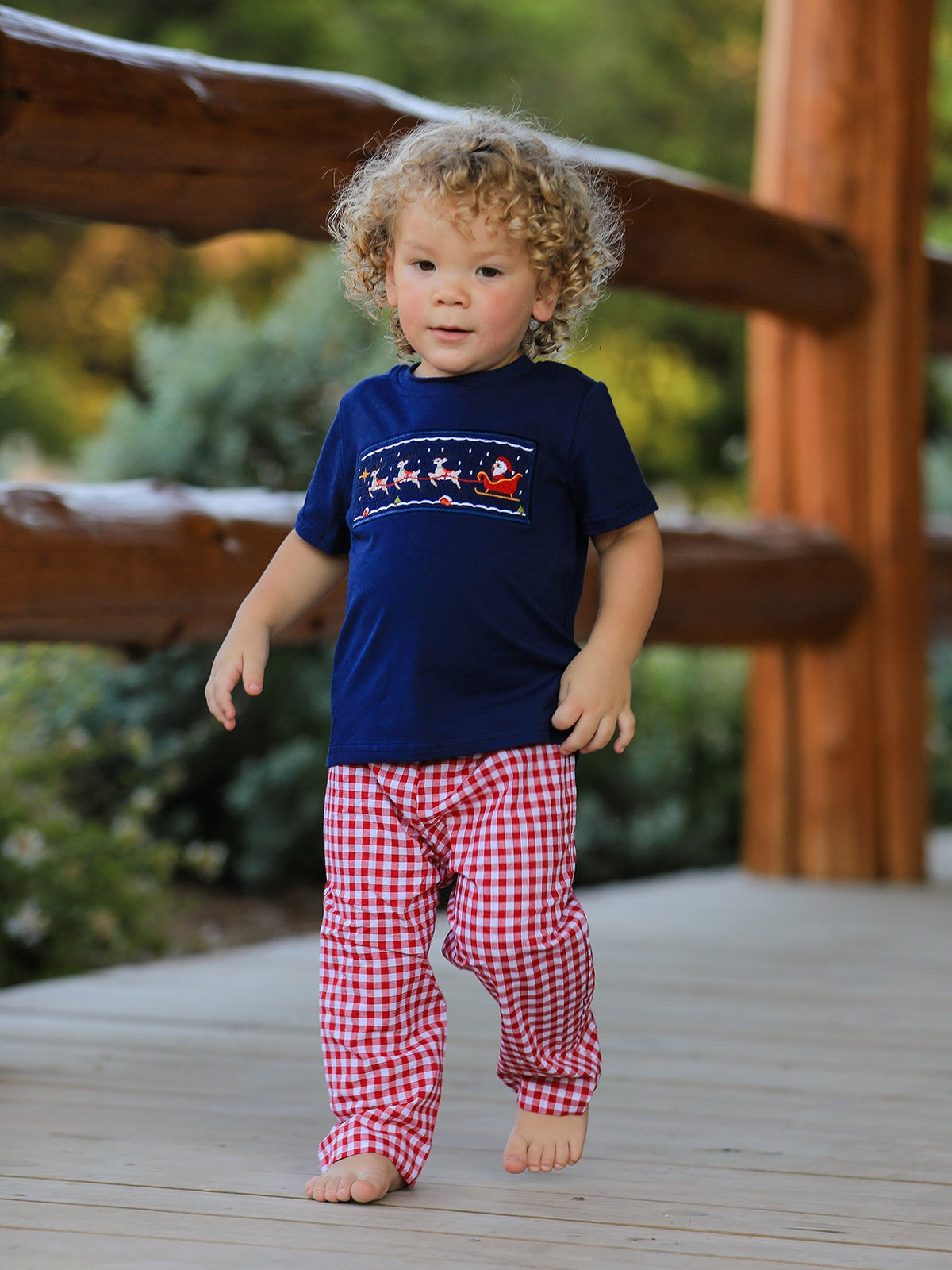 Boys Christmas Santa Sleigh Top & Plaid Pants Set