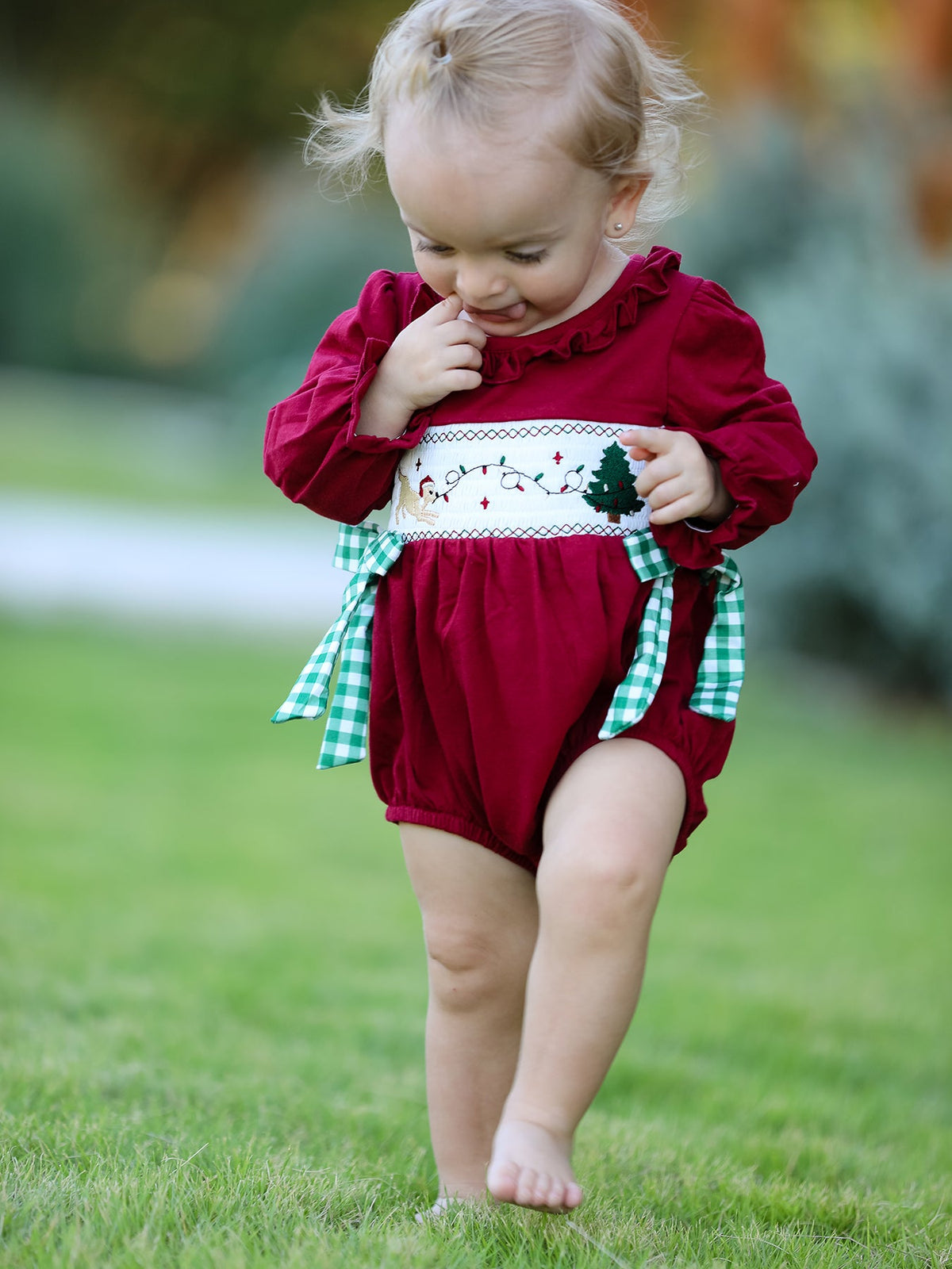 Baby Girls Christmas Embroidered Romper with Plaid Bow