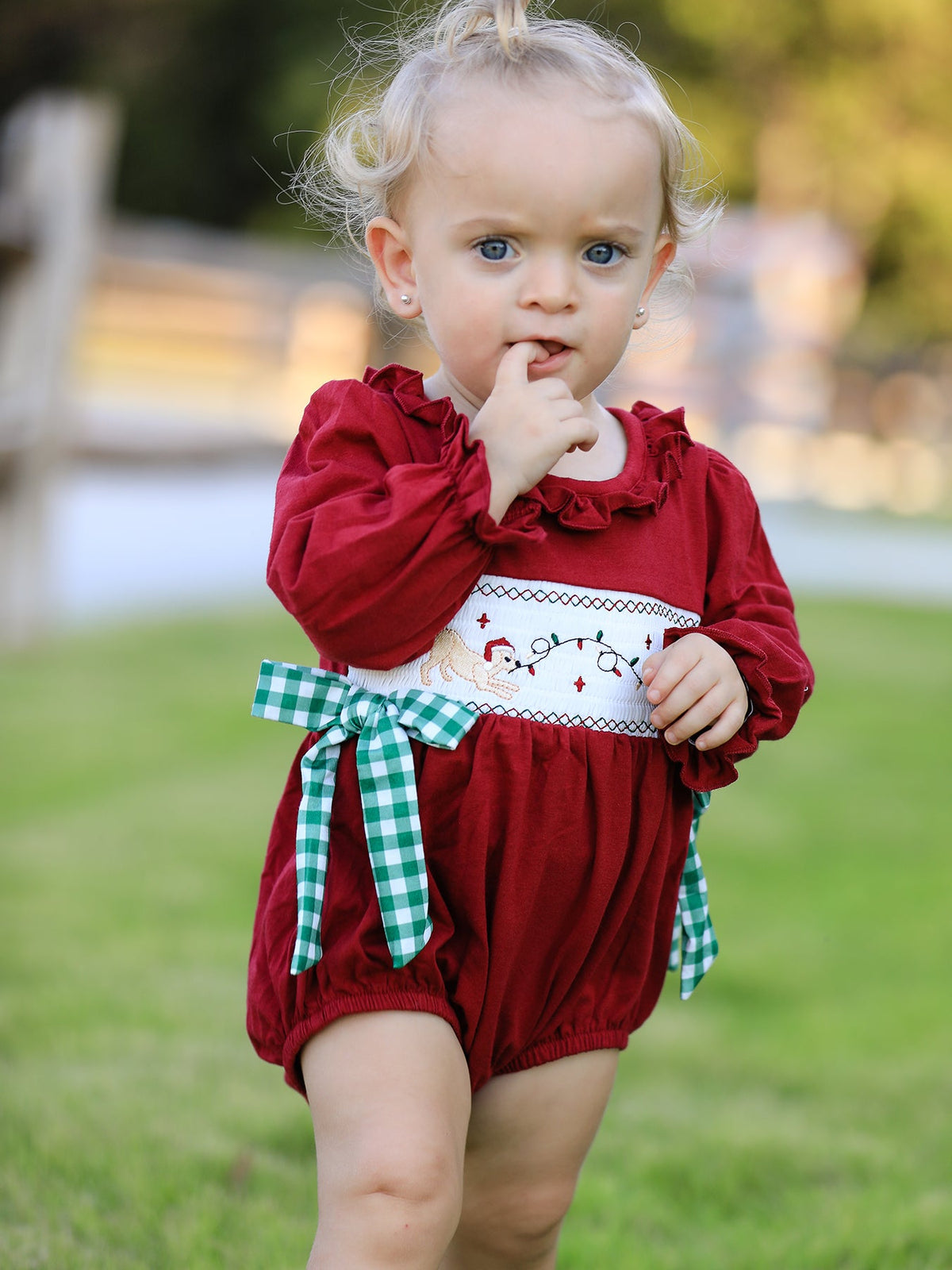 Baby Girls Christmas Embroidered Romper with Plaid Bow