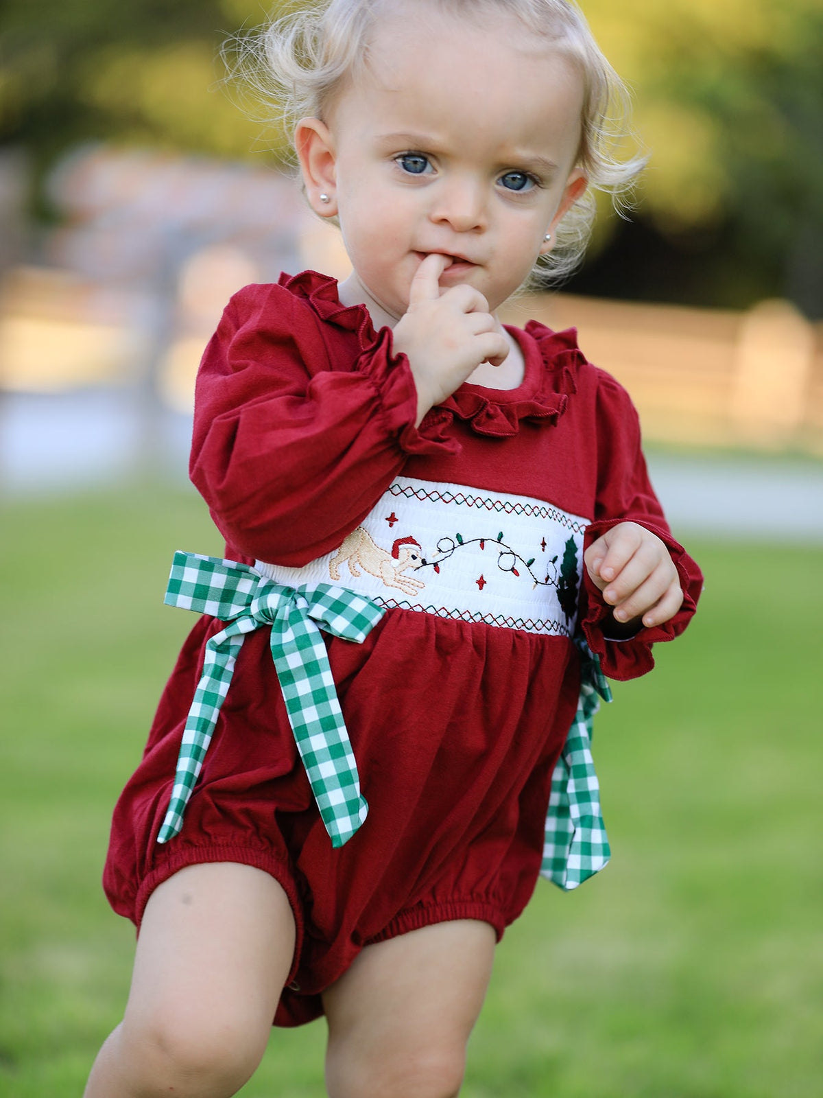 Baby Girls Christmas Embroidered Romper with Plaid Bow