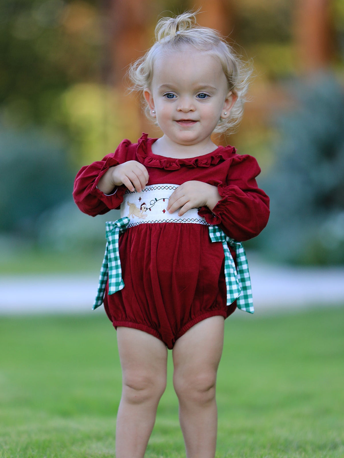 Baby Girls Christmas Embroidered Romper with Plaid Bow